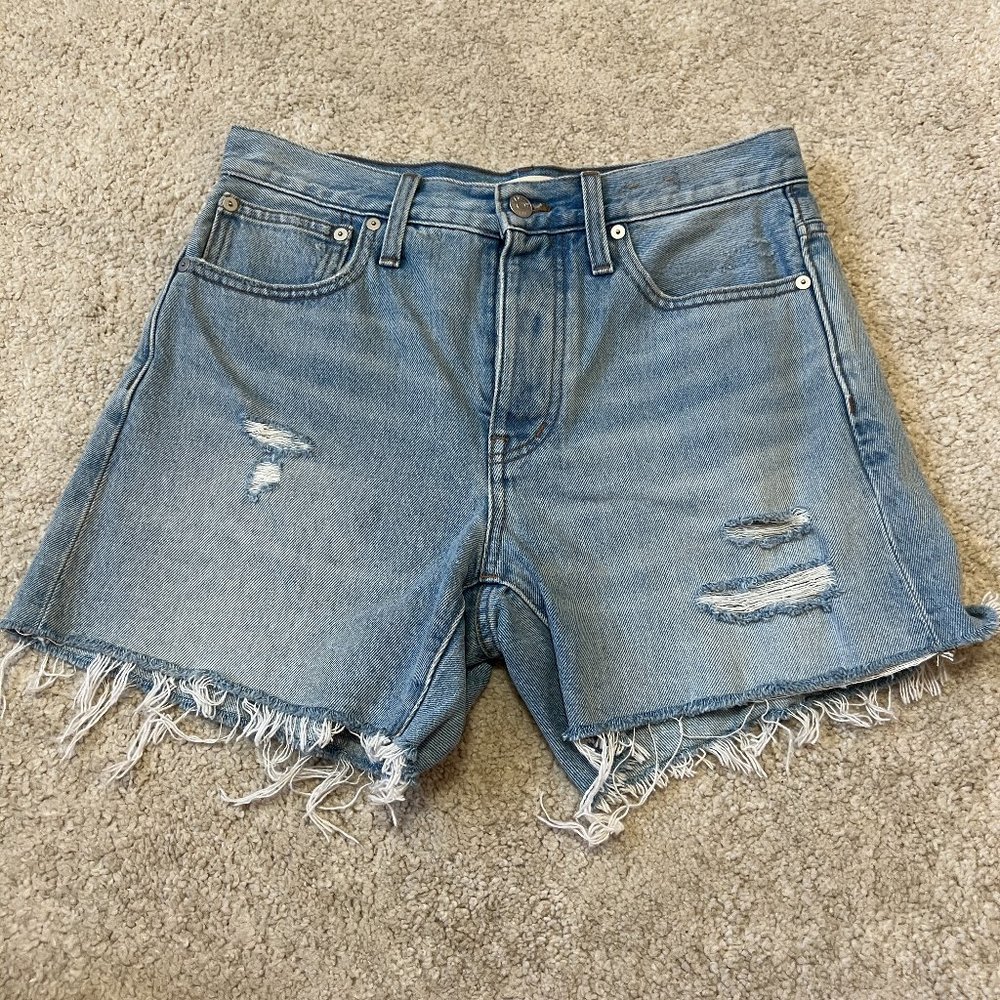 Madewell Relaxed Mid Length Denim Shorts Size 25 Distressed Frayed Hem Denim